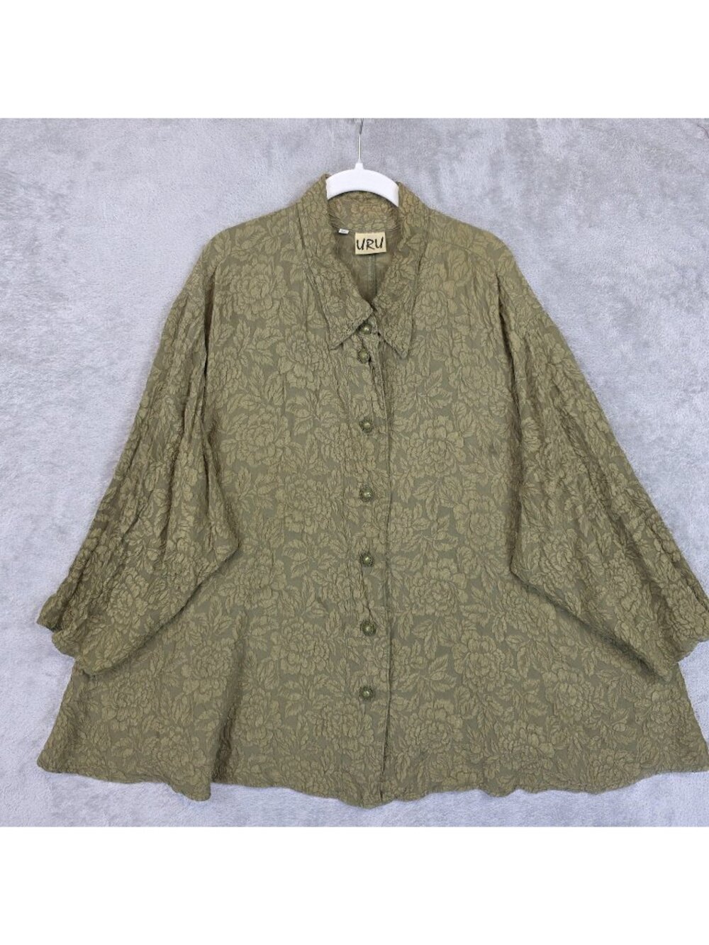 URU Blouse Womens XL Green Collared Long Kimono Sleeve Silk Tunic Floral